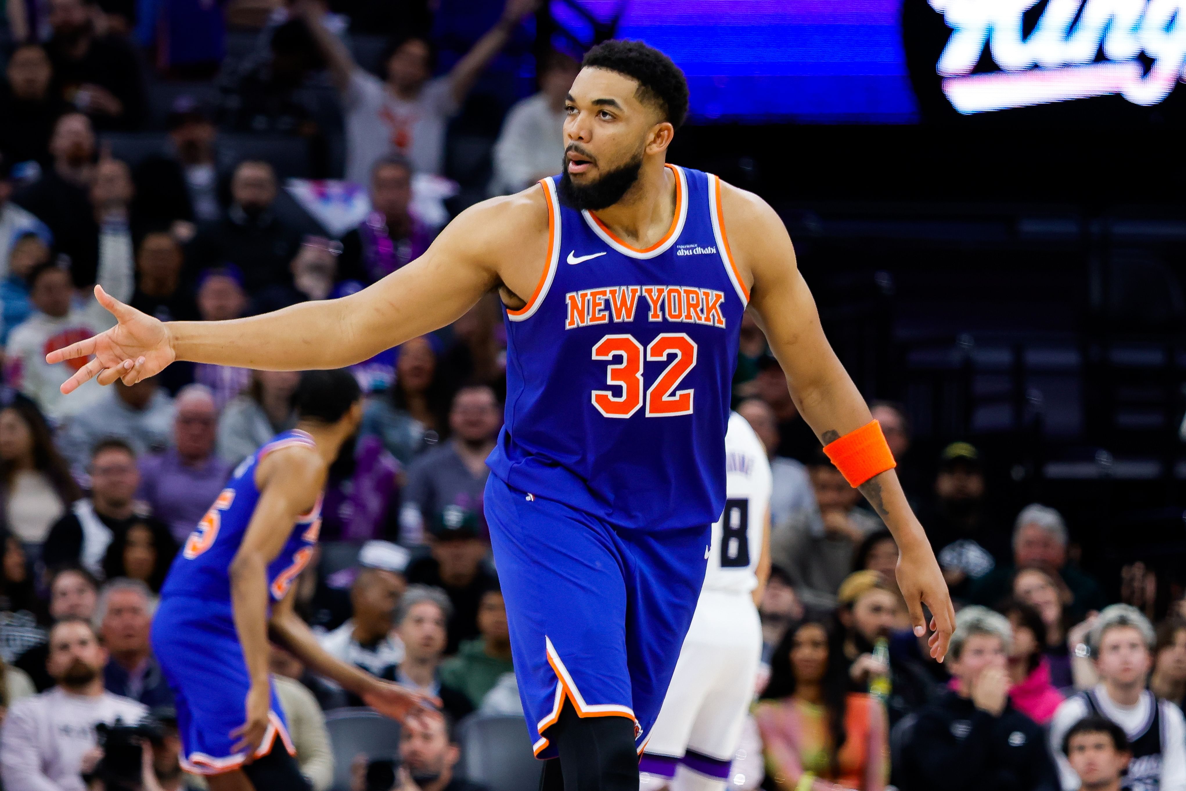 New York Knicks center Karl-Anthony Towns celebrates after a basket against the Sacramento Kings at Golden 1 Center. Photo Credit: Imagn