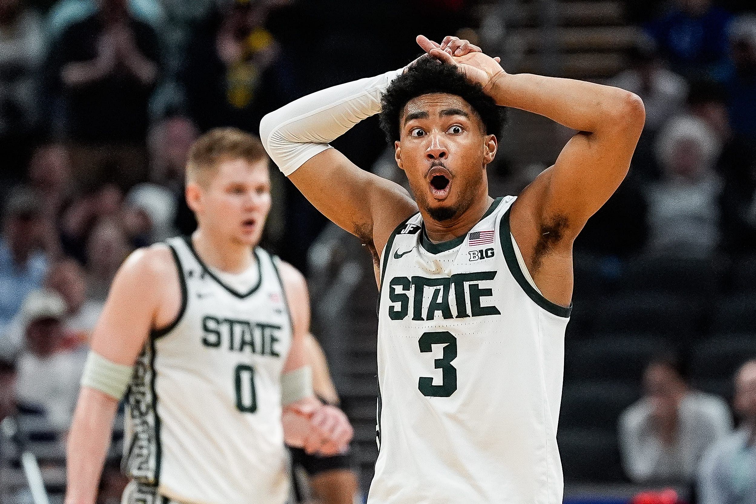 Jaden Akins and Michigan State will seek to avoid any shocking March Madness upsets. (Photo Credit: IMAGN)