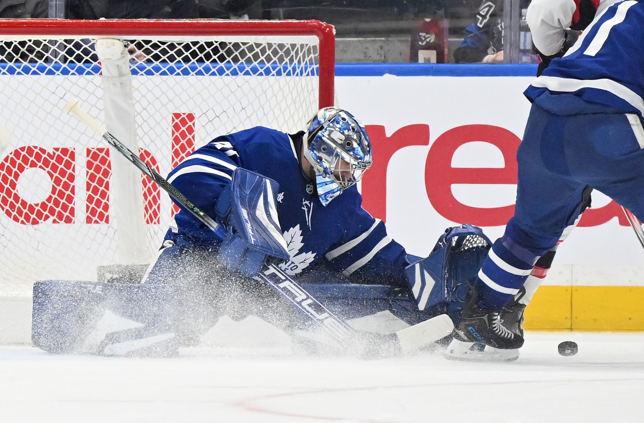 Mar 15, 2025; Toronto, Ontario, CAN; Toronto Maple Leafs goalie Anthony Stolarz (41) makes a save against the Ottawa Senators in the third period at Scotiabank Arena. Mandatory Credit: Dan Hamilton-Imagn Images - Source: Imagn