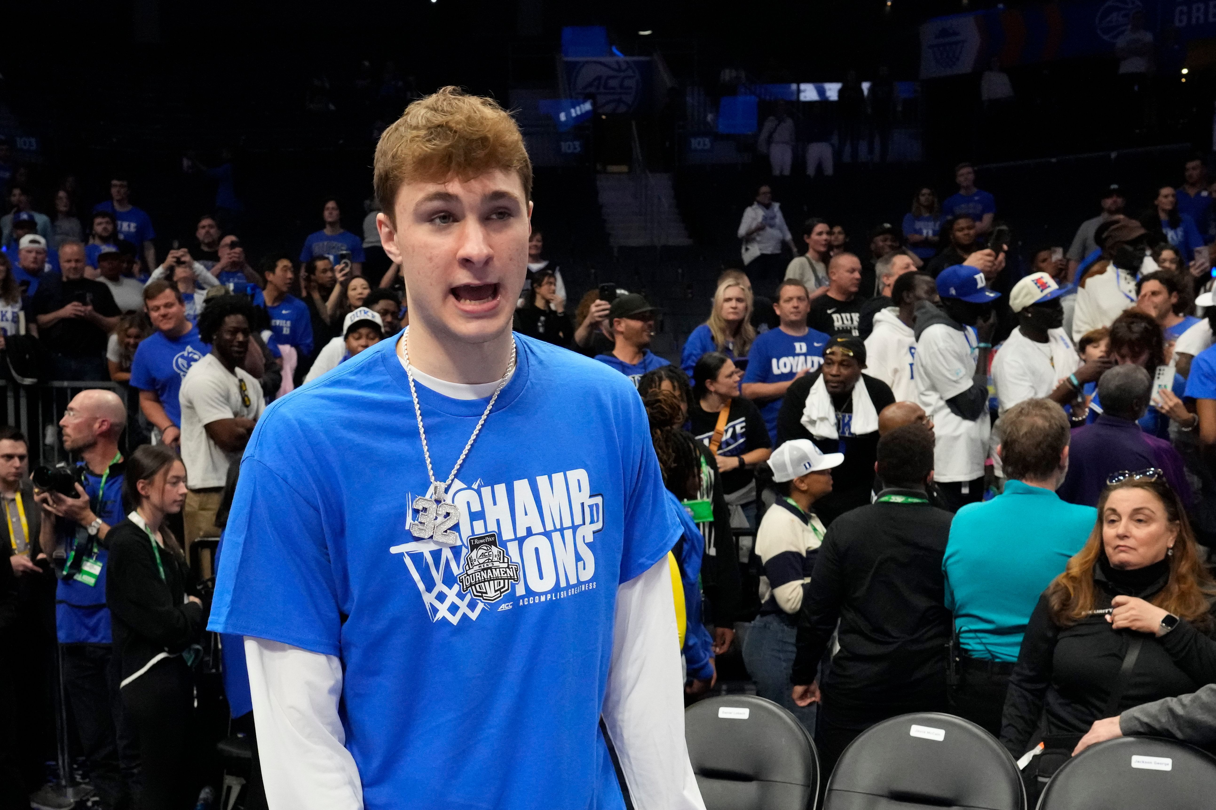 Mar 15, 2025; Charlotte, NC, USA; Duke Blue Devils forward Cooper Flagg (2) after the 2025 ACC Conference Championship game at Spectrum Center. Mandatory Credit: Bob Donnan-Imagn Images - Source: Imagn