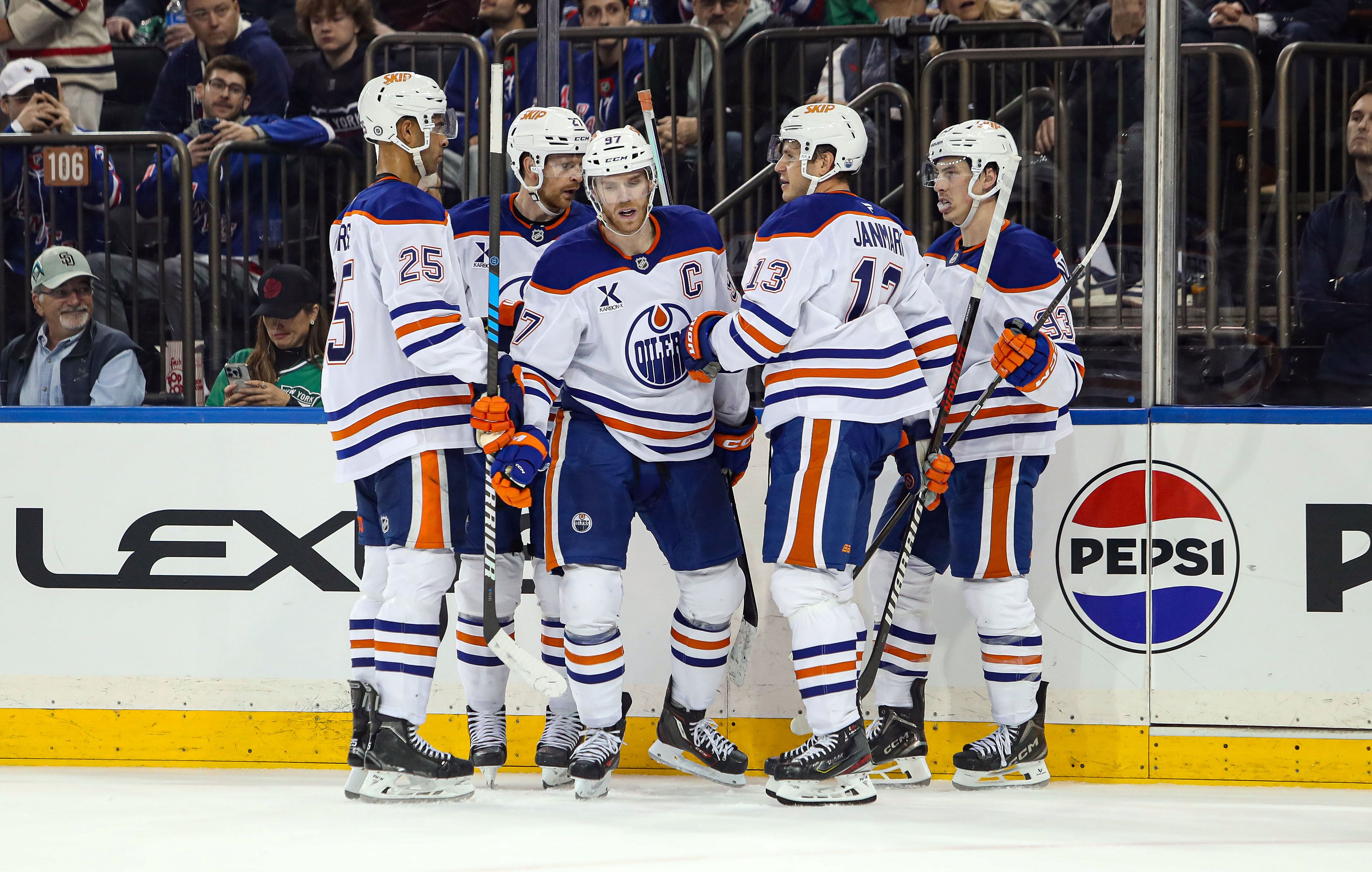 Mar 16, 2025; New York, New York, USA; Edmonton Oilers center Connor McDavid (97) celebrates his goal against the New York Rangers during the third period at Madison Square Garden. Mandatory Credit: Danny Wild-Imagn Images - Source: Imagn