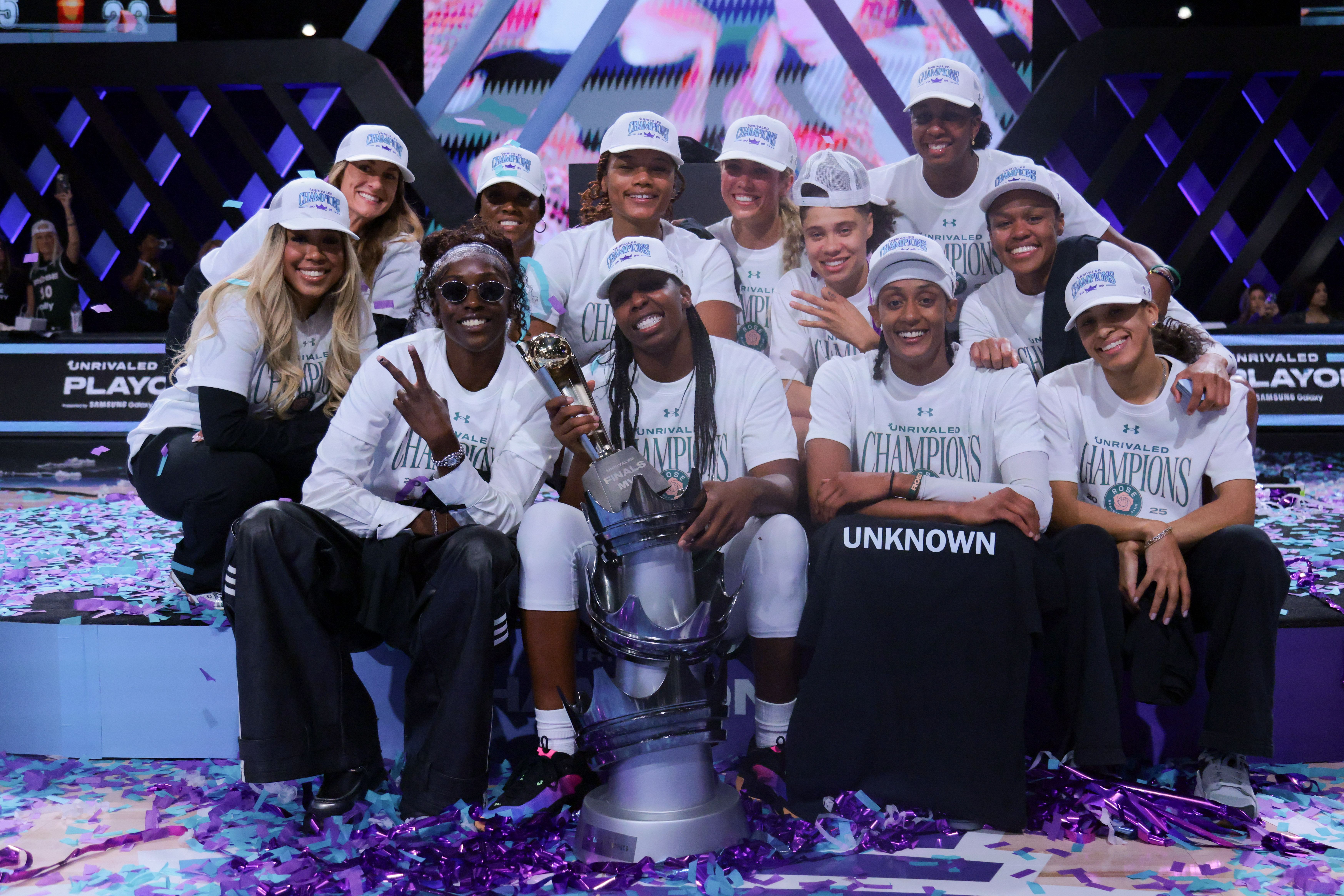 Mar 17, 2025; Miami, FL, USA; Rose BC guard Chelsea Gray (center) celebrates with teammates after winning the Unrivaled Championship game against the Vinyl BC at Wayfair Arena. Mandatory Credit: Sam Navarro-Imagn Images - Source: Imagn