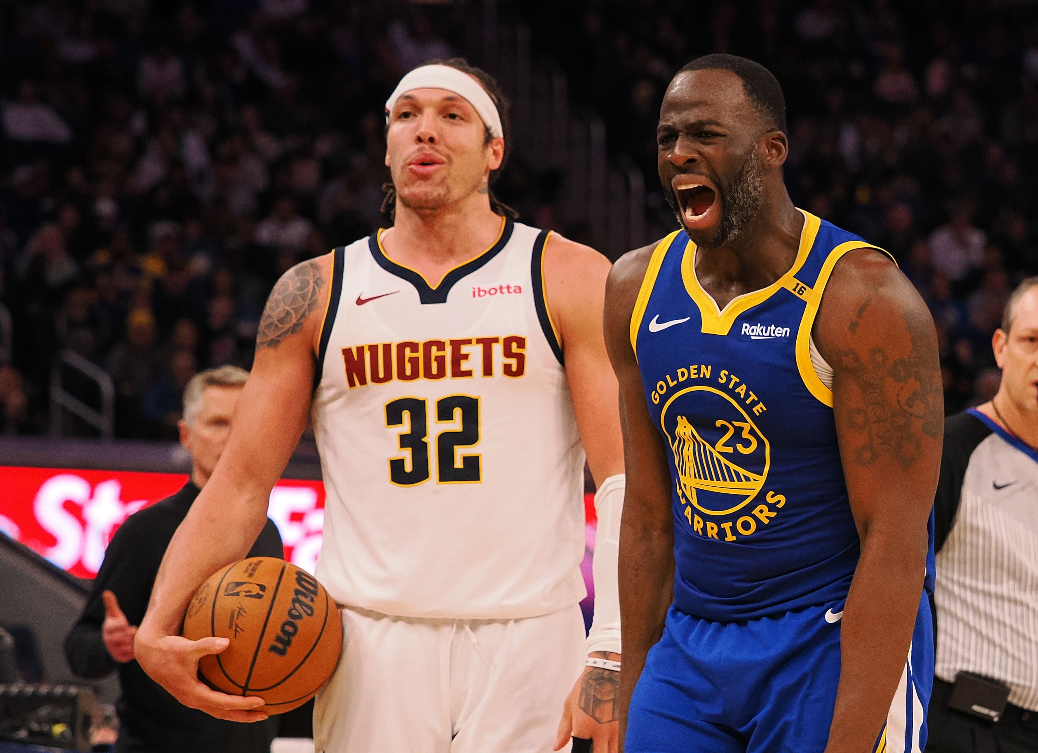 Golden State Warriors forward Draymond Green reacts after he is called for a foul against Denver Nuggets forward Aaron Gordon at Chase Center. Photo Credit: Imagn