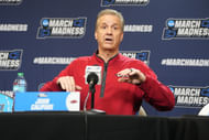 Arkansas Razorbacks head coach John Calipari answers question during the First Round Practice Session Press Conference at Amica Mutual Pavilion. Photo: Imagn