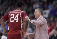 Arkansas Razorbacks coach John Calipari talks to forward Billy Richmond III during the second half of a second-round NCAA Tournament game against Rick Pitino and the St. John's Red Storm at Amica Mutual Pavilion. Photo: Imagn