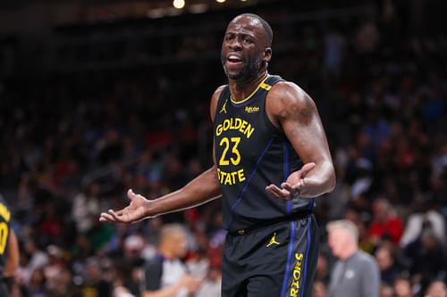 Golden State Warriors forward Draymond Green argues a call against the Atlanta Hawks at State Farm Arena. Photo Credit: Imagn