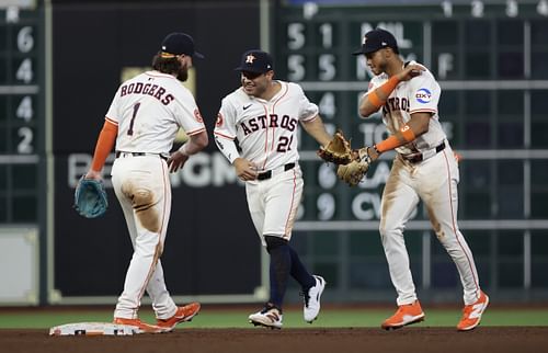 Houston Astros - Brendan Rogers, Jose Altuve, and Jeremy Pena (Photo via IMAGN)