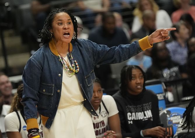 Dawn Staley outfit today: South Carolina coach dons maroon Chanel pants for Elite Eight clash vs. Duke