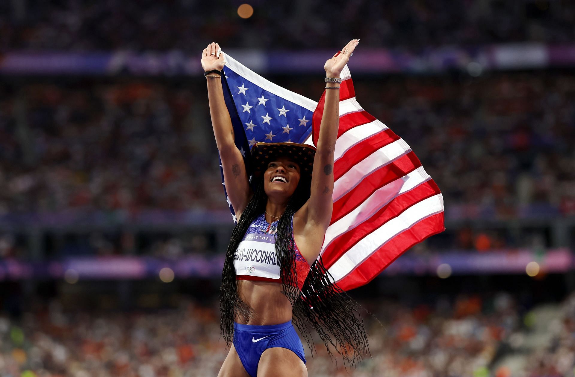 Tara Davis-Woodhall at Paris Olympics. Source: Getty