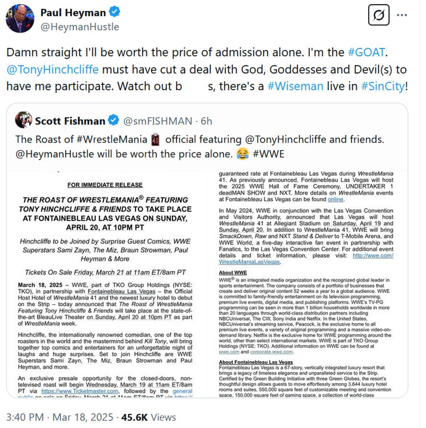 Screenshot of Paul Heyman&#039;s tweet on The Roast of WrestleMania (Photo Credit: Paul Heyman on X)