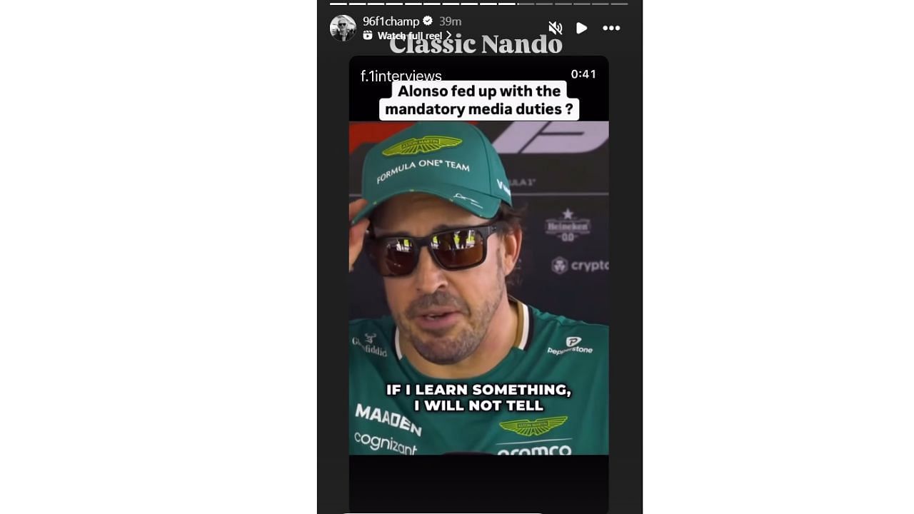 Snapshot of Damon Hill&#039;s story on Fernando Alonso...Credits-Instagram