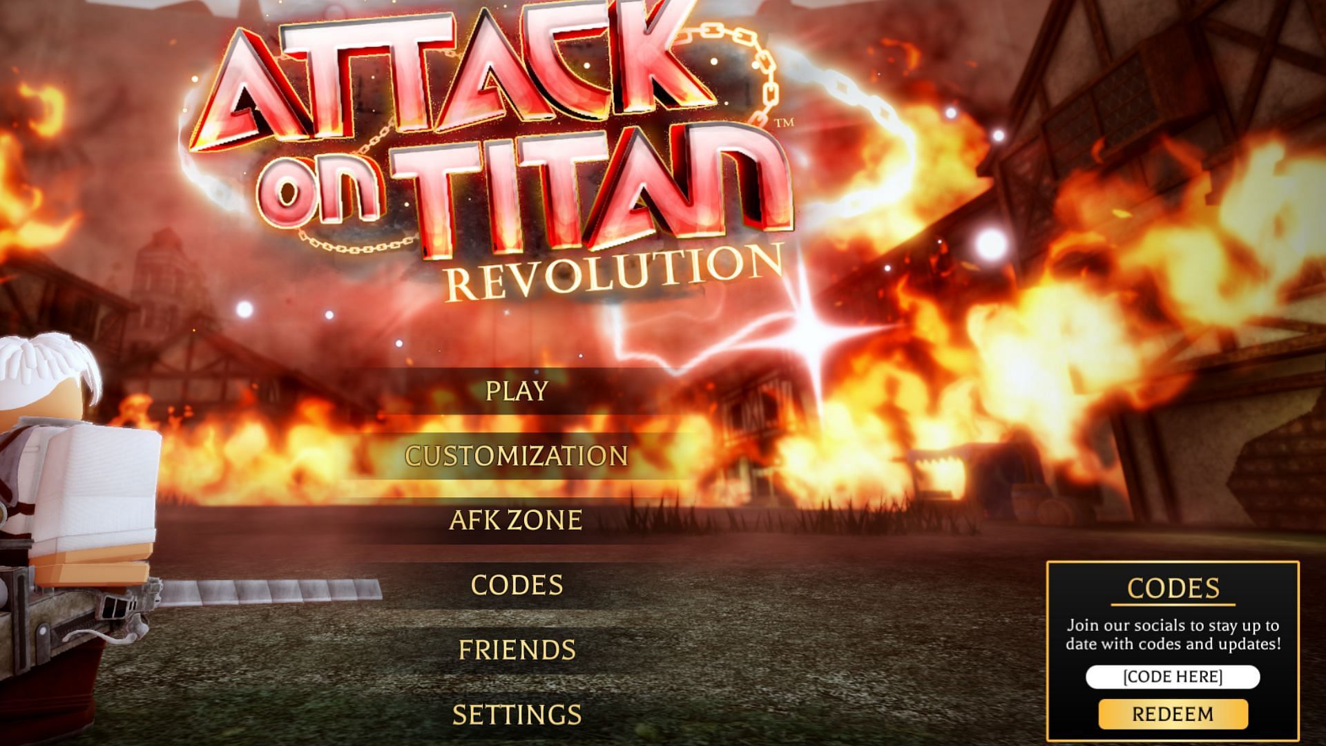 Redeem codes in Attack on Titan Revolution (Image via Roblox)