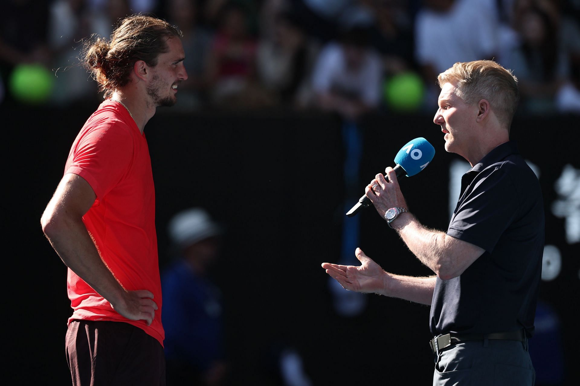 MELBOURNE, AUSTRALIA - JANUARY 21: Alexander Zverev of Germany is interviewed by on-court presenter Jim Courier after at the 2025 Australian Open - Source: Getty