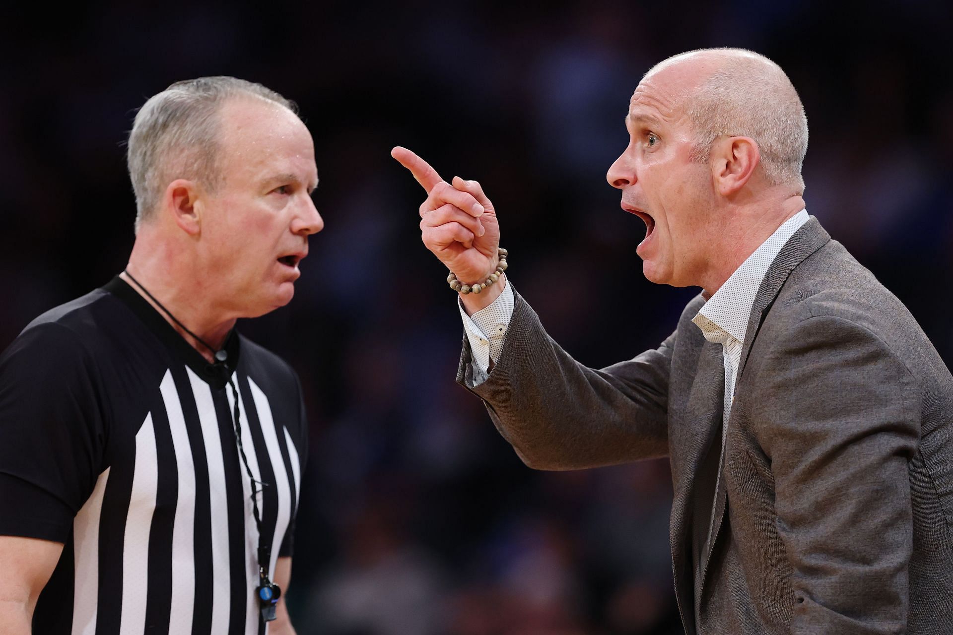 Head coach Dan Hurley of the UConn Huskies reacts toward the referee in the first half of their quarterfinal game against the Villanova Wildcats during the Big East Tournament. Photo: Getty