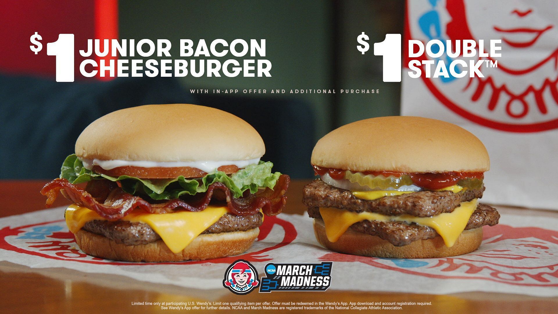 Wendy&rsquo;s app unlocks $1 Jr. Bacon Cheeseburger for March Madness (Image via Wendy&rsquo;s)