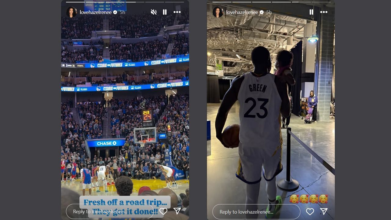 Renee compliments the Dubs and shares a post game image of her husband with their daughter. (Credits: @lovehazelrenee/Instagram)