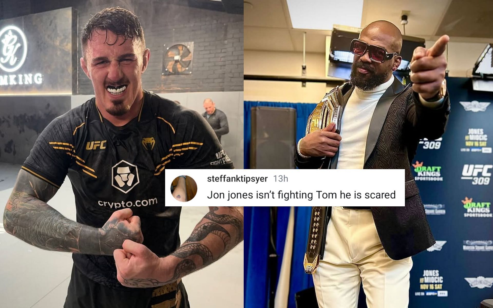 Fan mocks Jon Jones (right) as Tom Aspinall (left) drops new training footage. [Images courtesy: @tomaspinallofficial and @jonnybones on Instagram]