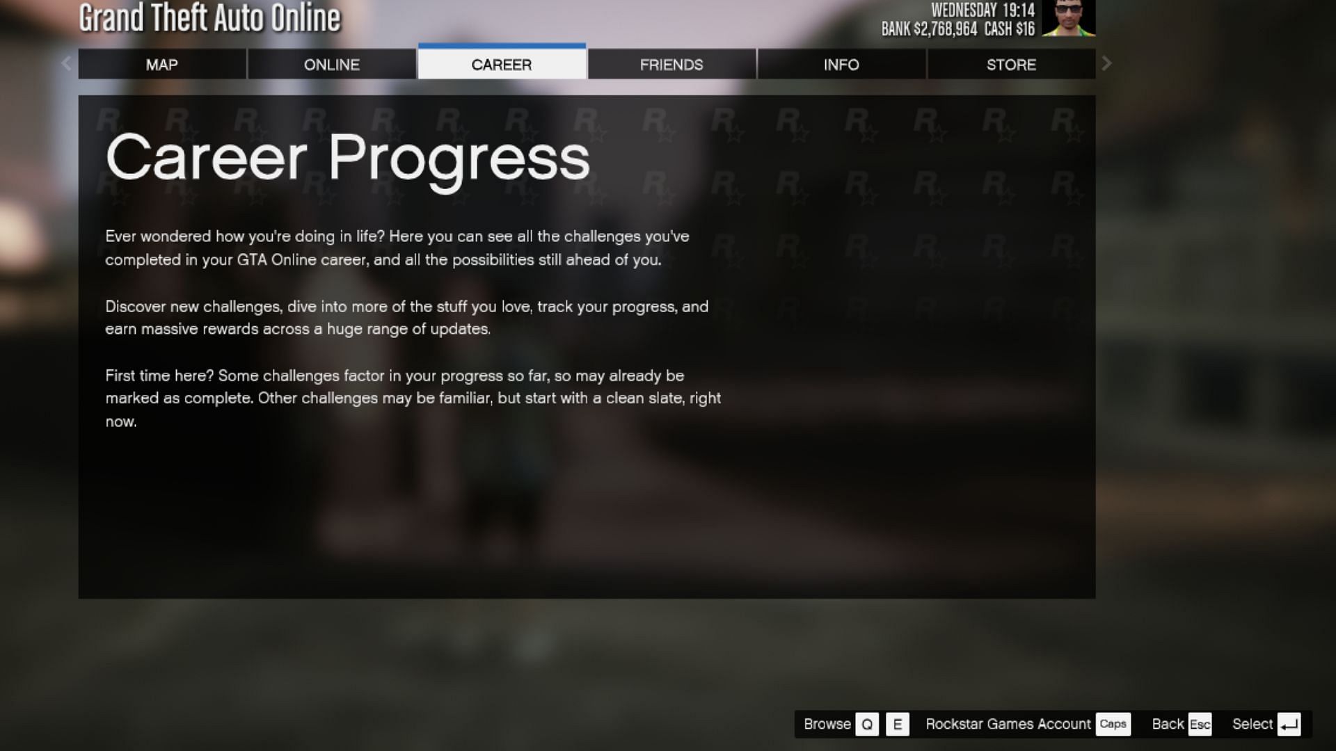 Access GTA Online Career Progress from the pause menu (Image via Rockstar Games)