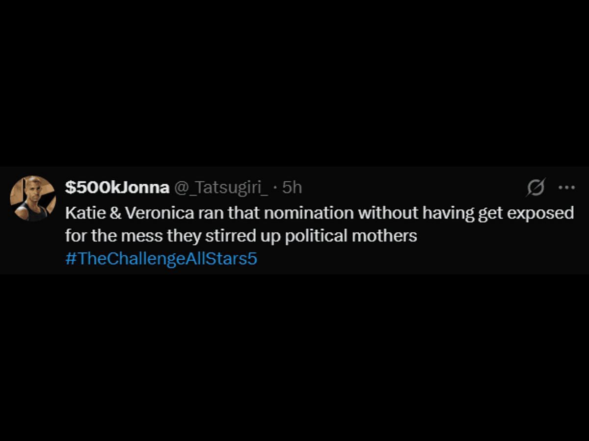 A fan of The Challenge: All Stars commented on Veronica and Katie&#039;s gameplay (Image via X/@_Tatsugiri_)