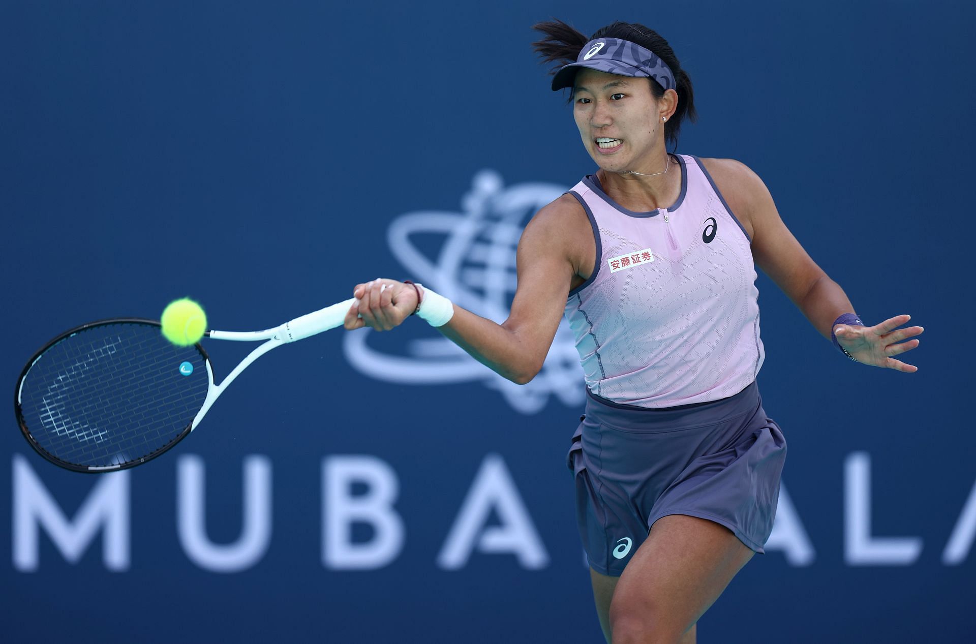 Moyuka Uchijima plays a forehand in her first-round match against Leylah Fernandez of Canada during day three of the Mubadala Abu Dhabi Open - Source: Getty