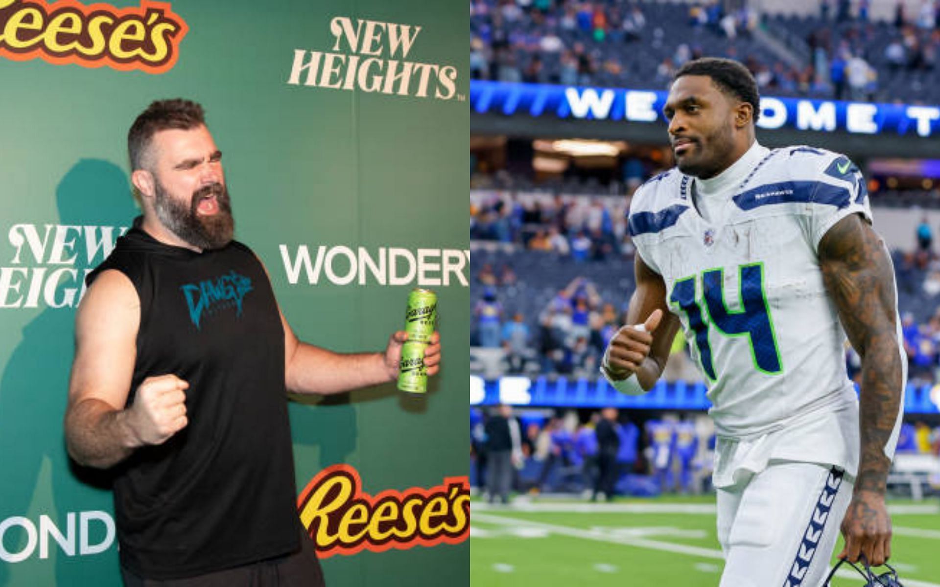 Jason Kelce (left) discusses DK Metcalf