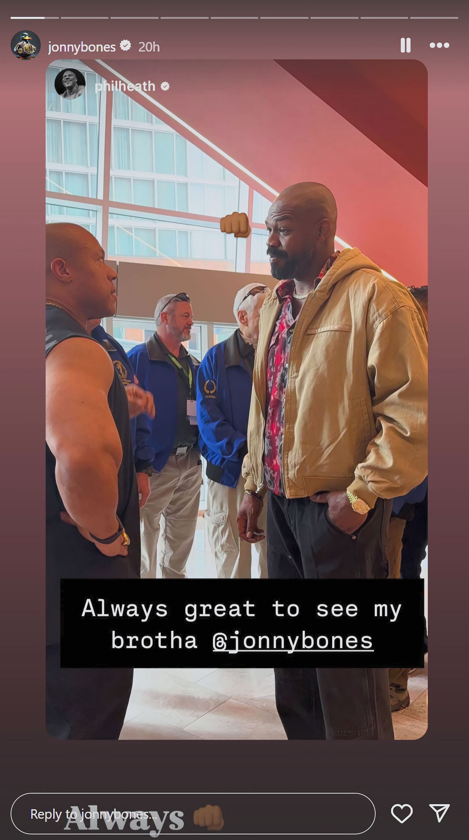 A screenshot of Jon Jones&#039; Instagram story with Phil Heath