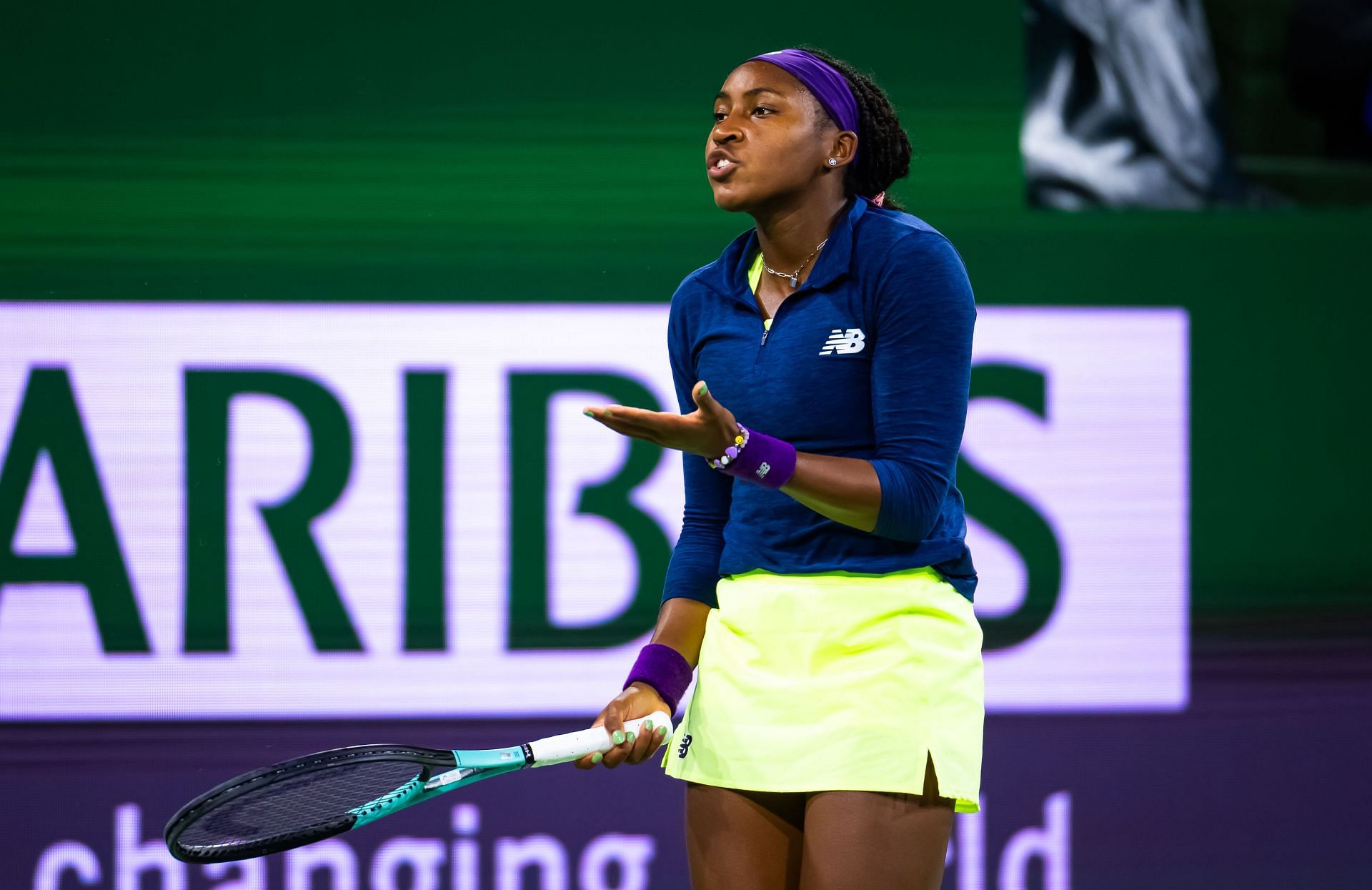 Coco Gauff reacting during her semifinal clash against Maria Sakkari at the 2024 BNP Paribas Open in Indian Wells (Source: Getty)