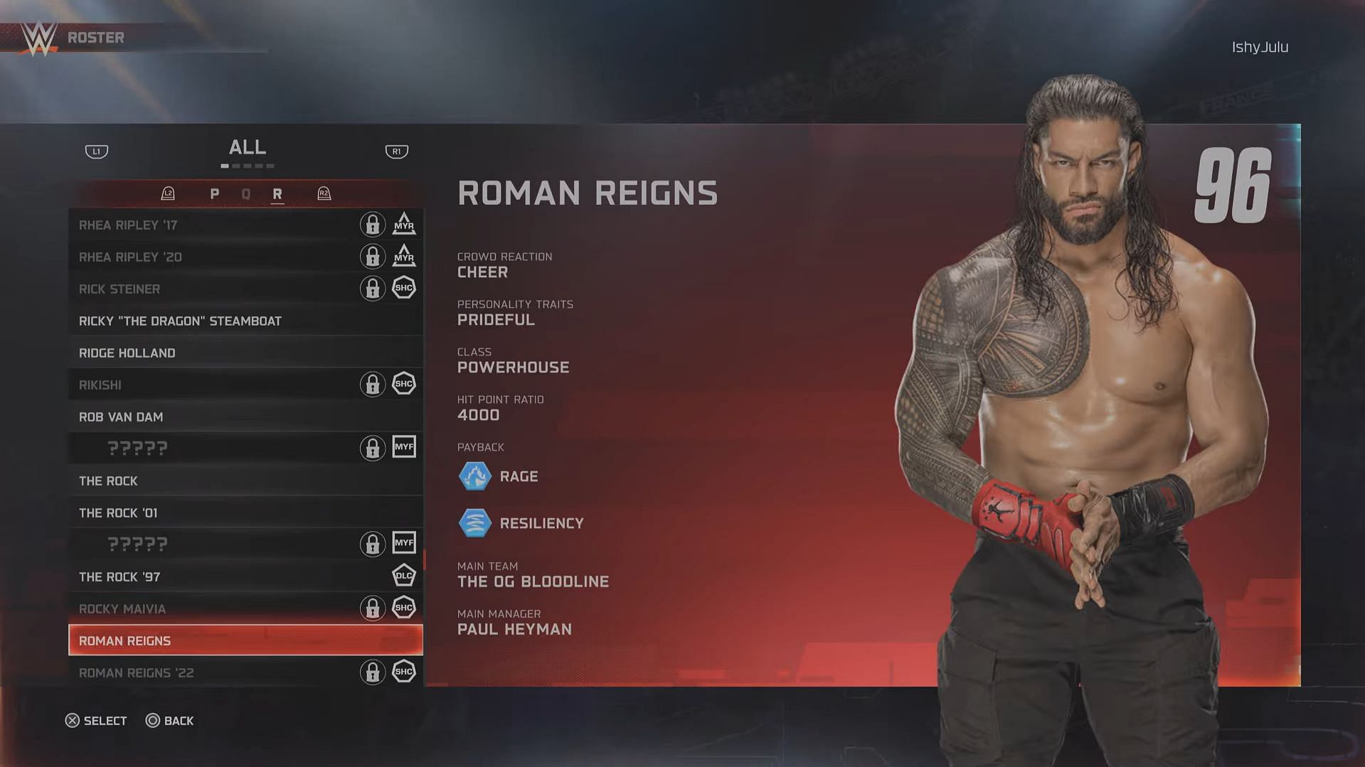 Base card of Roman Reigns (Image via 2K Games // YouTube/@BottomTier)