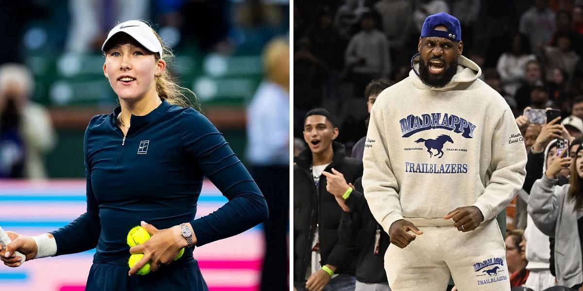 Mirra Andreeva (L) is congratulated by Lebron James (R) after Indian Wells victory, (Source: Getty Images)