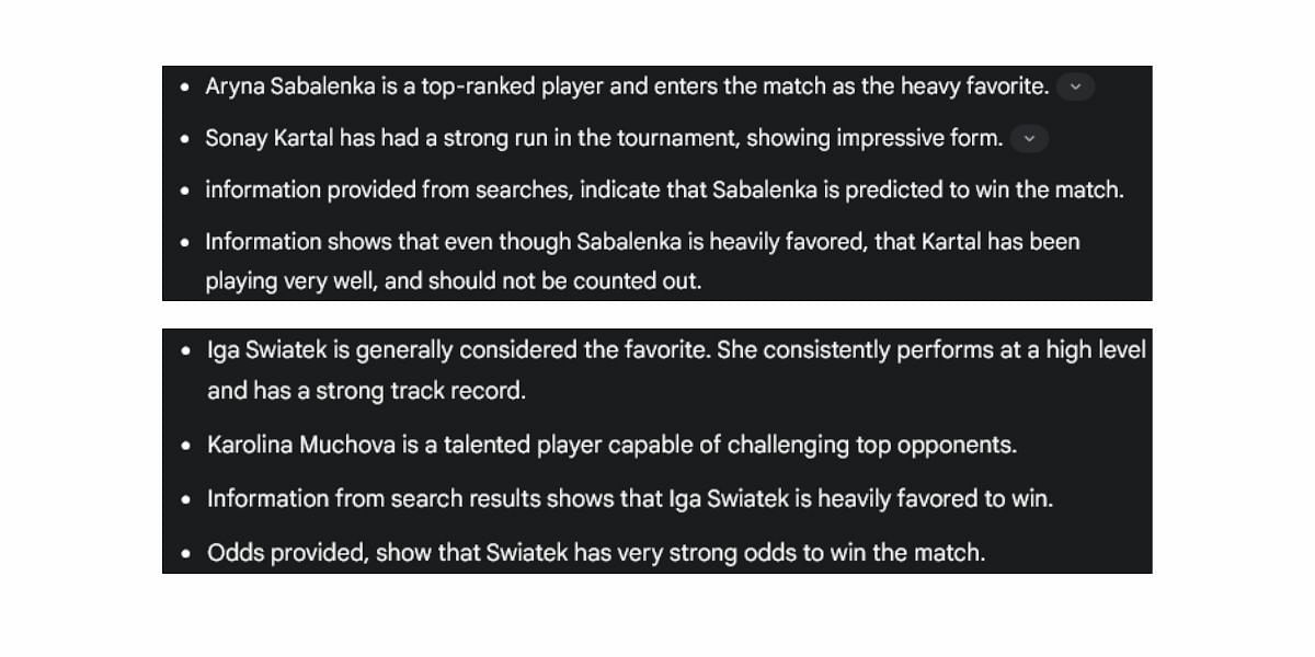 Gemini AI&#039;s prediction for Aryna Sabalenka and Iga Swiatek&#039;s matches.