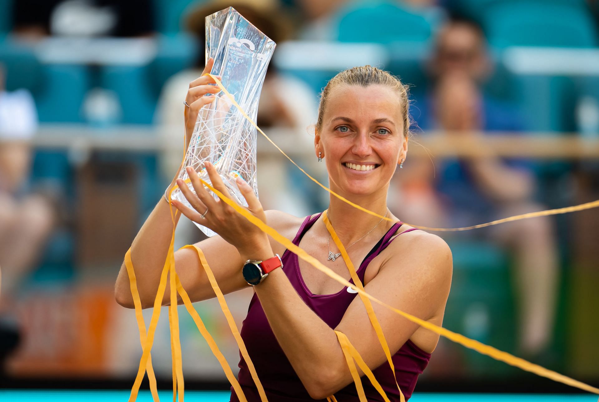 Petra Kvitova of the Czech Republic poses with the champions trophy after defeating Elena Rybakina of Kazakhstan in the womens singles final. - Source: Getty