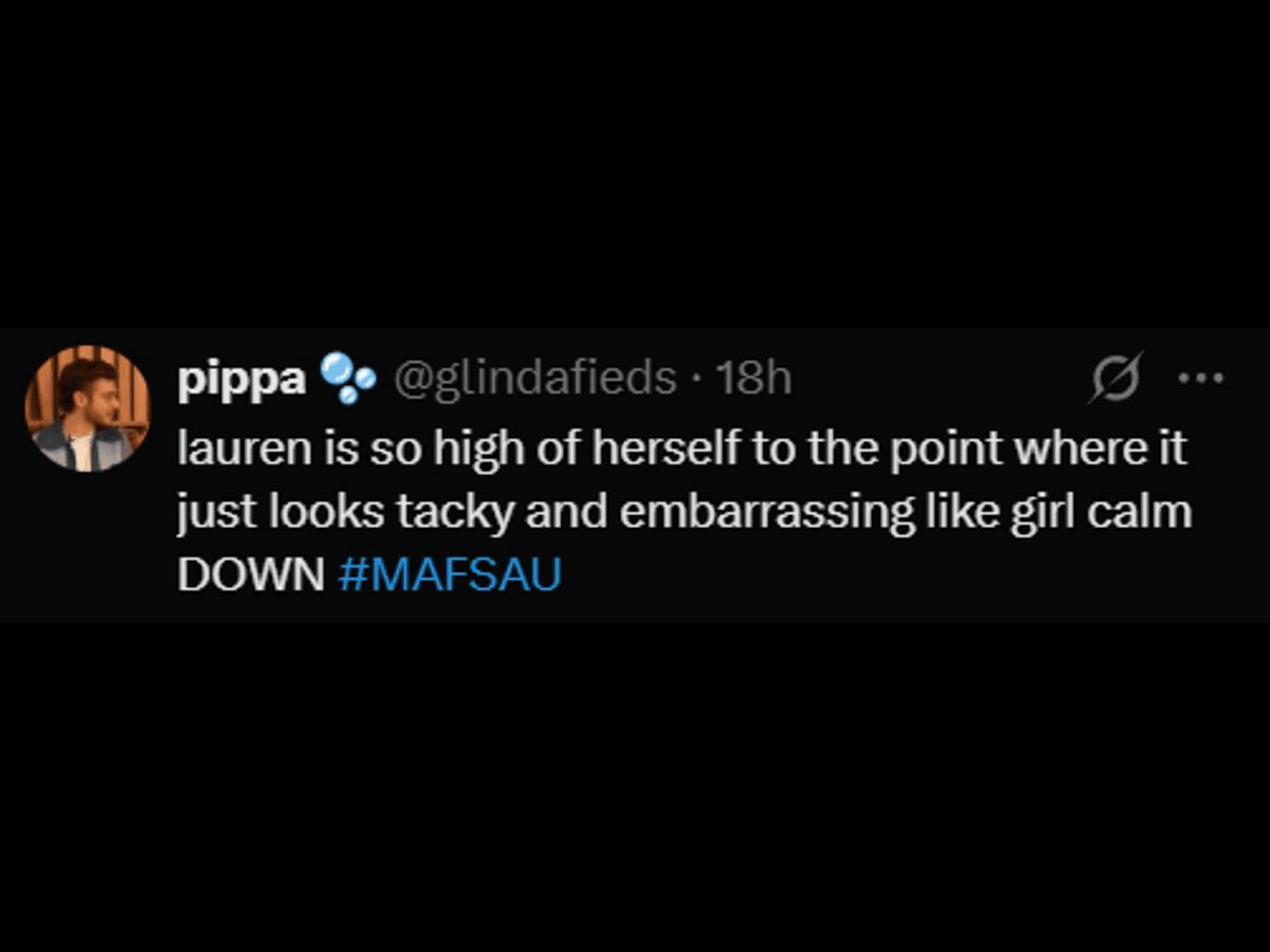 A Married at First Sight Australia fan reacts to Lauren&#039;s behavior (Image via X/@glindafieds)