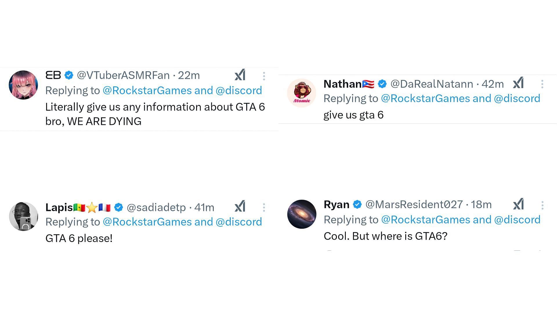 A collage of a few comments on X reacting to the Rockstar Games&#039;s post (Image via Rockstar Games, X)