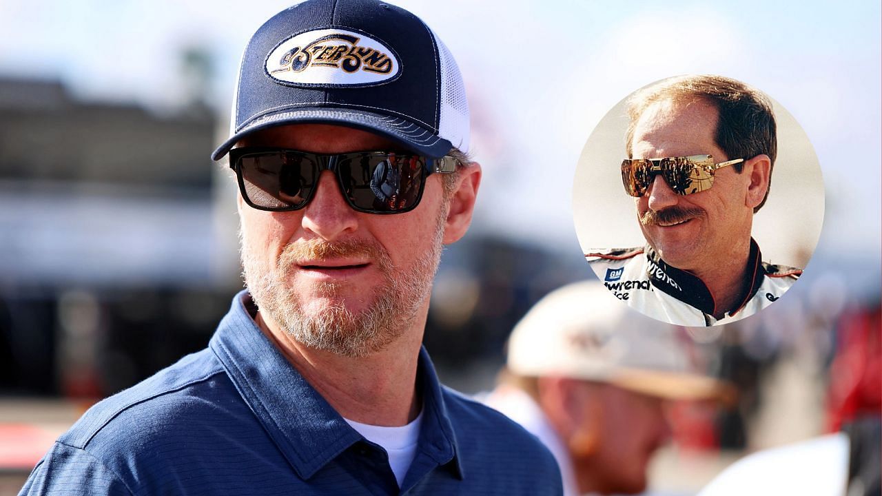 Dale Earnhardt Jr. and his dad (Background Image via Getty, Inset via NASCAR on X)