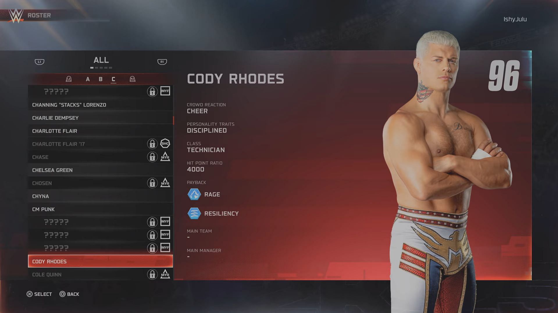 Cody Rhodes has a rating of 96 (Image via 2K Games // YouTube/@BottomTier)