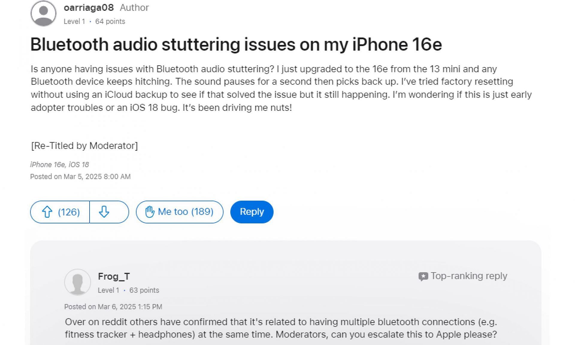 iPhone 16e Bluetooth complaints on iPhone 16e (Image via oarriaga08/Apple Support Community)