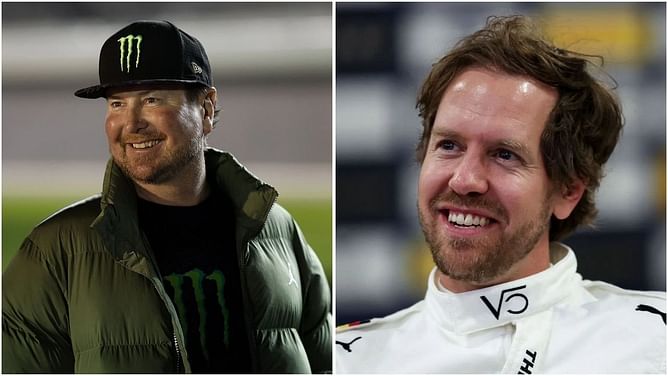 Kurt Busch meets 4-time F1 champion Sebastian Vettel at the Race of Champions event in Australia