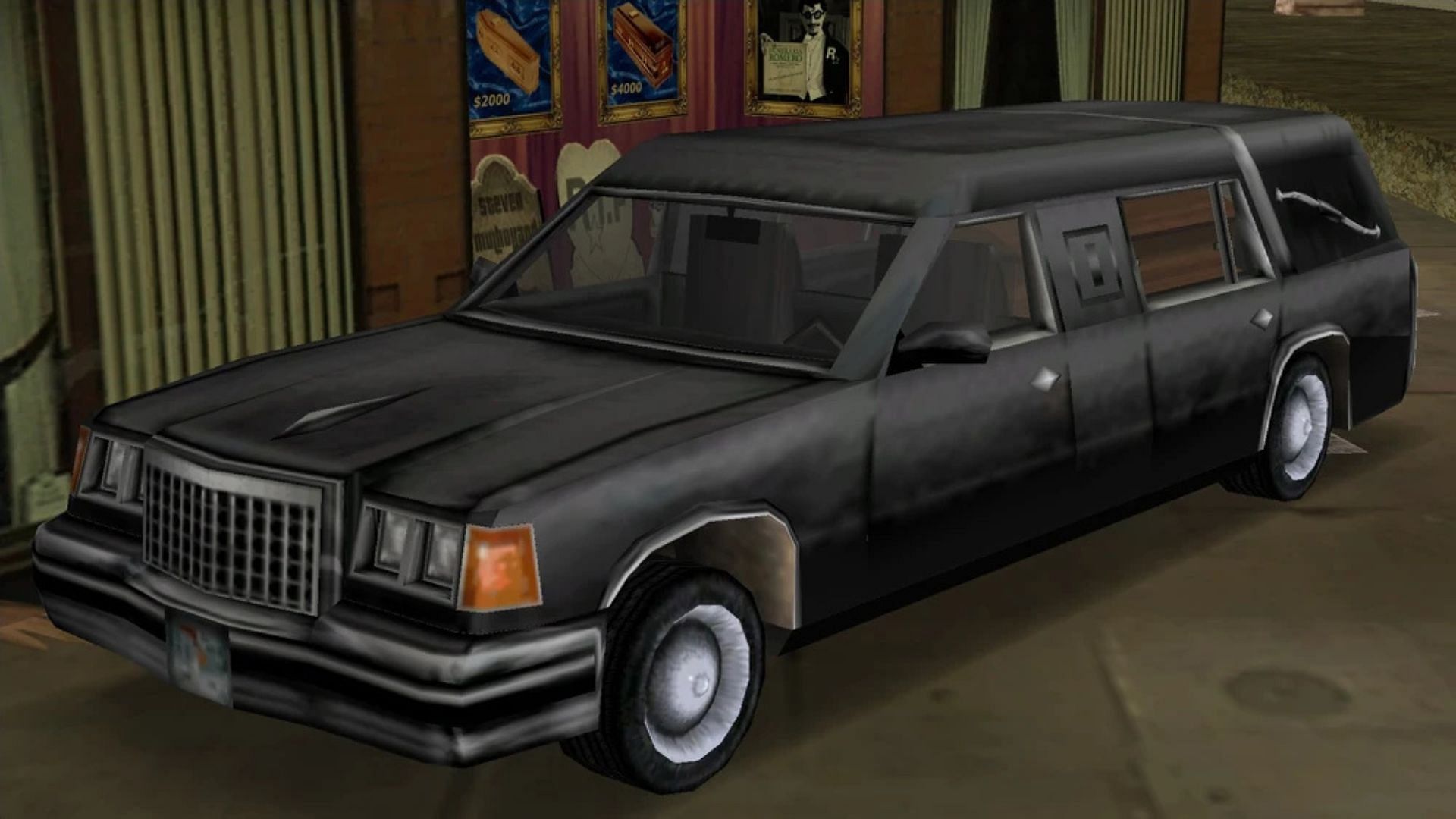 The Romero Hearse is parked next to a pizza joint in the mission (Image via Rockstar Games || GTA Wiki)