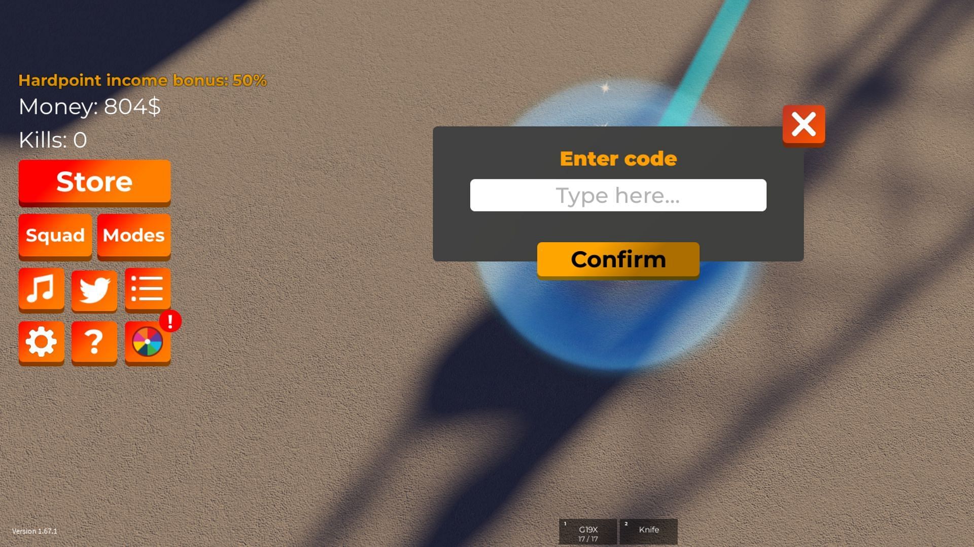 Redeem codes in Warfare Tycoon (Image via Roblox)