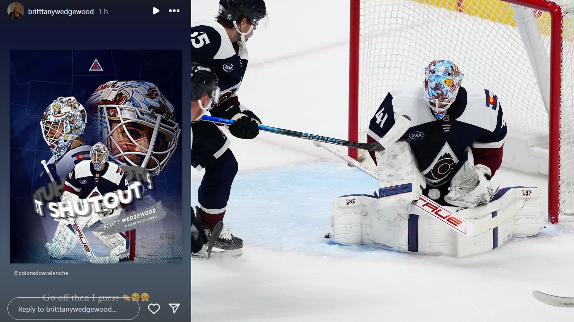 Colorado Avalanche goaltender Scott Wedgewood (41) makes a save. (Credit: IMAGN, IG/@britttanywedgewood)