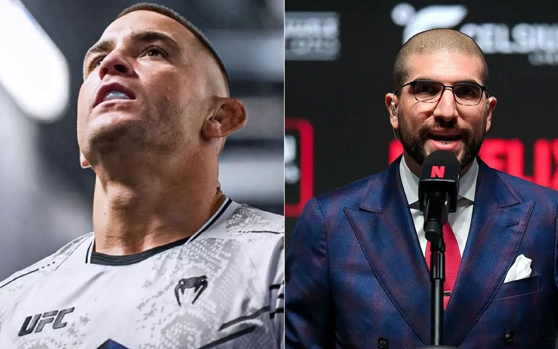 A teammate of Dustin Poirier (left) lashes out at Ariel Helwani (right). [Images courtesy: @dustinpoirier on Instagram and Getty Images]