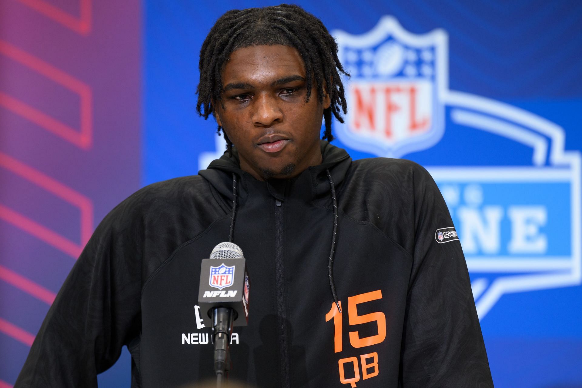 INDIANAPOLIS, IN - FEBRUARY 28: Miami quarterback Cam Ward answers questions from the media during the NFL Scouting Combine on February 28, 2025, at the Indiana Convention Center in Indianapolis, IN. (Photo by Zach Bolinger/Icon Sportswire via Getty Images) - Source: Getty