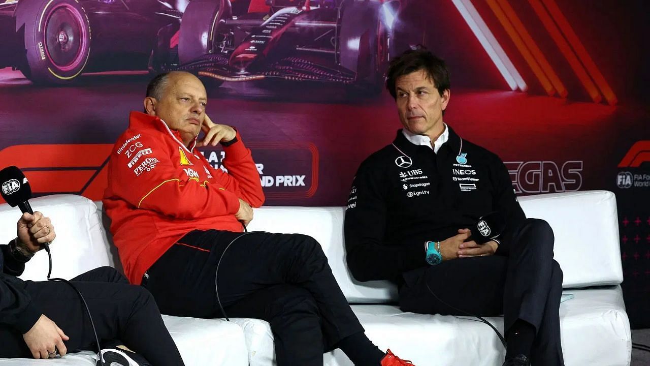 Ferrari team principal Fred Vasseur [L] Mercedes team principal Toto Wolff [R] [Image Source: Getty]