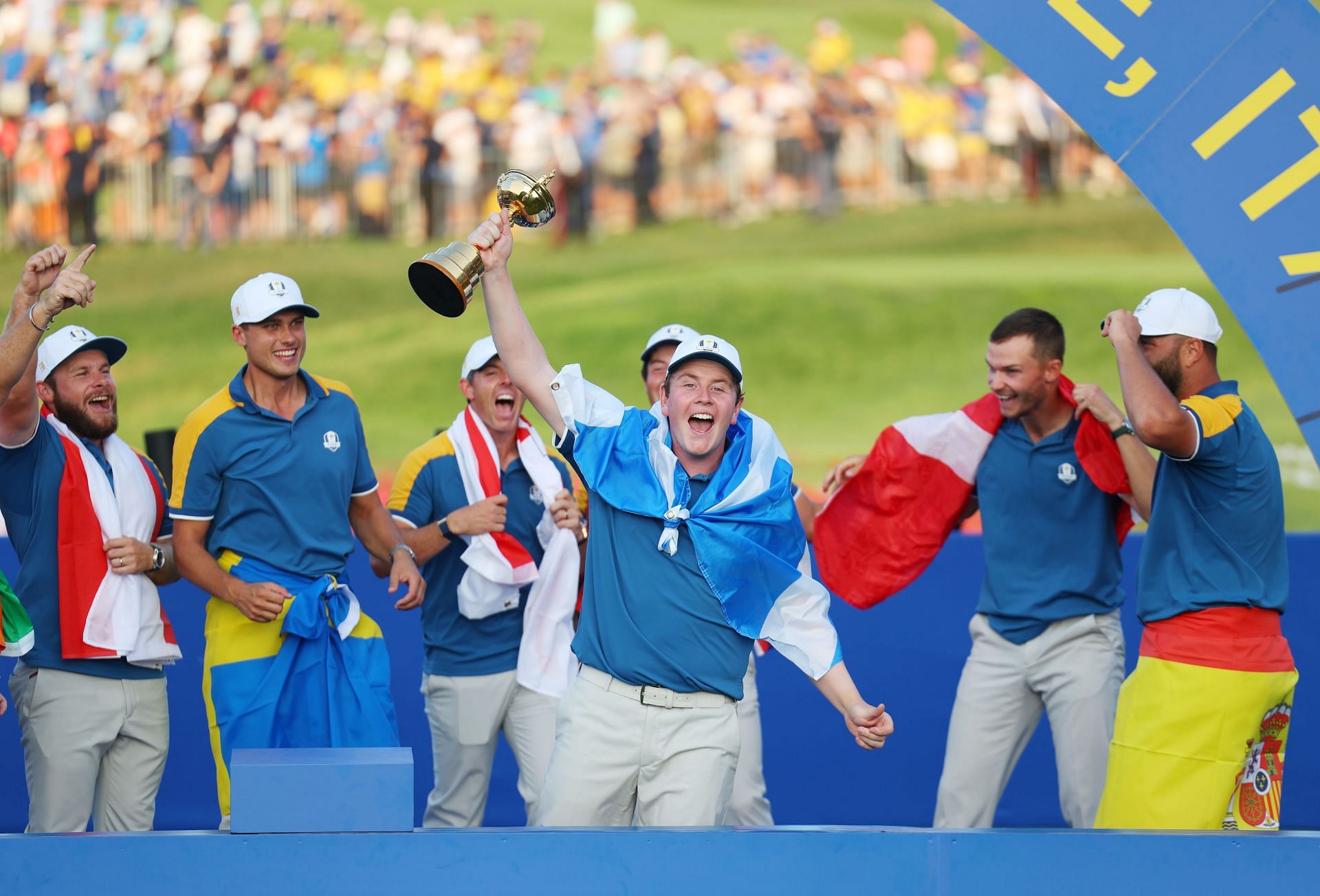 Robert MacIntyre of Team Europe lifts the Ryder Cup trophy following victory with 16 and a half to 11 and a half win in the 2023 Ryder Cup- Source: Getty