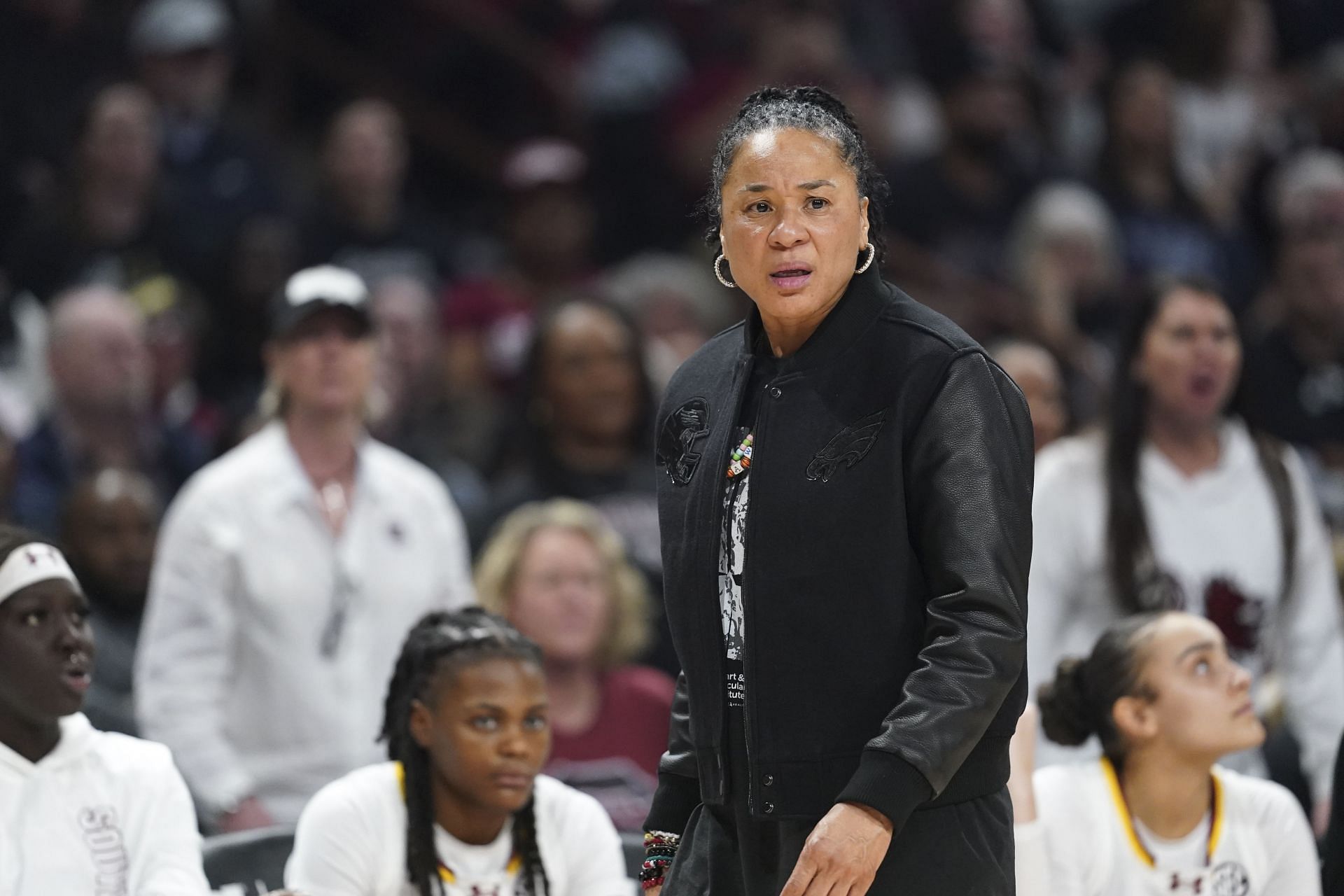 Head coach Dawn Staley of the South Carolina Gamecocks reacts to a play during their game against the UConn Huskies at Colonial Life Arena on February 16, 2025, in Columbia. Photo: Getty