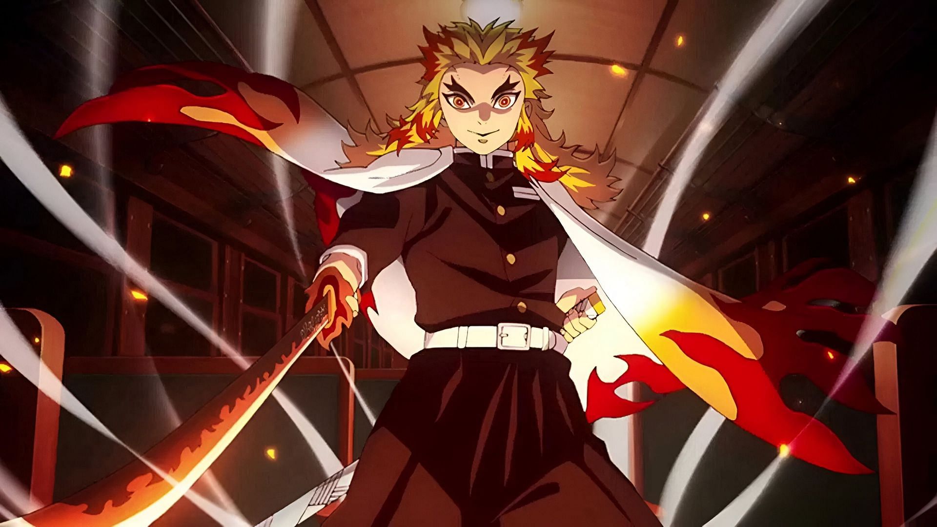 Flame Hashira Kyojuro Rengoku as seen in the anime (Image via Ufotable)