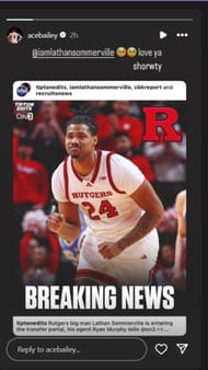 Ace Bailey hails teammate on IG story. Image via @acebailey