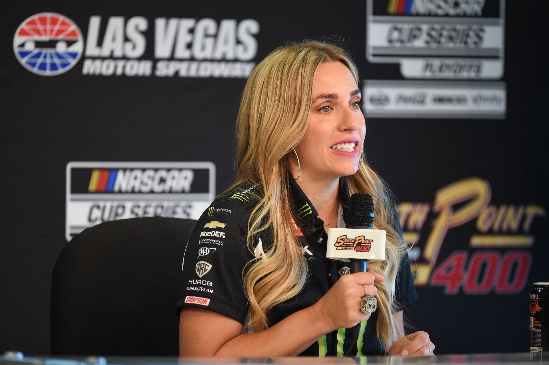 NHRA driver Brittany Force answers questions from the media before the start of South Point 400 on October, 20, 2024 - Source: Getty