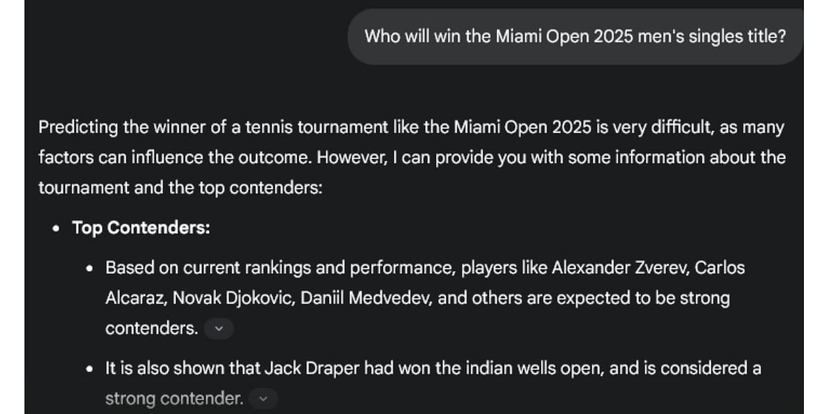 Gemini AI&#039;s picks for the Miami Open 2025 men&#039;s singles title.