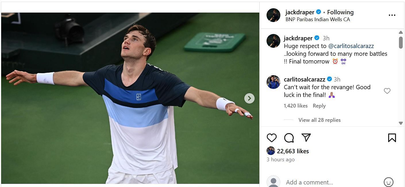 Screengrab of Jack Draper&#039;s Instagram post and Carlos Alcaraz&#039;s comment. https://www.instagram.com/p/DHP4YuGODtX/?img_index=1